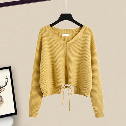 Chic Lace Up Knit Sweater A-line Skirt Set - Yellow Sweater