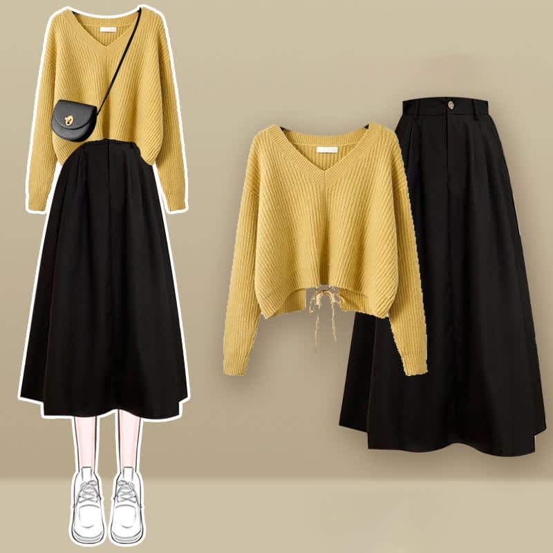 Chic Lace Up Knit Sweater A-line Skirt Set - Yellow Set / M