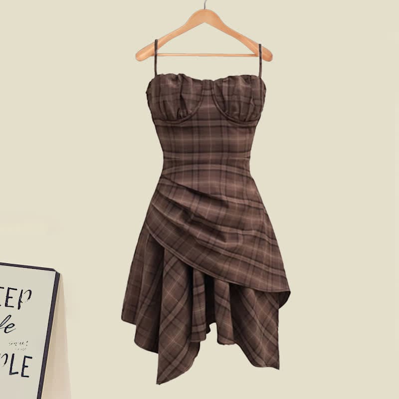 Chic Lapel Shirt Irregular Ruffled Plaid Slip Dress Set