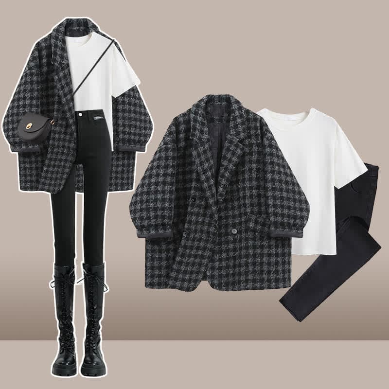 Chic Lattice Print Lapel Blazer T-Shirt Slim Denim Pants