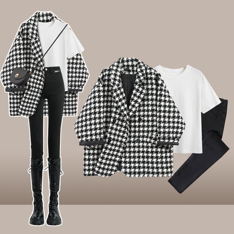 Chic Lattice Print Lapel Blazer T-Shirt Slim Denim Pants