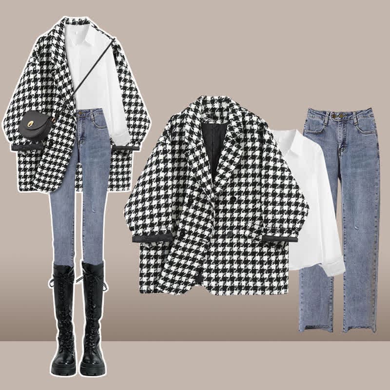 Chic Lattice Print Lapel Blazer T-Shirt Slim Denim Pants