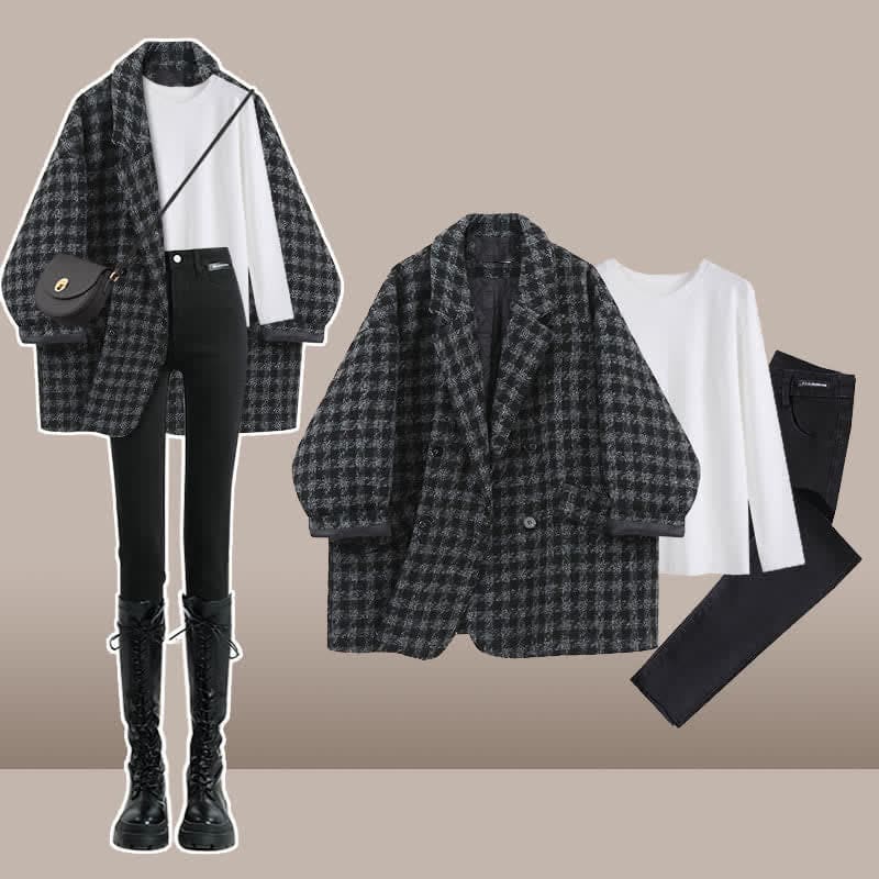 Chic Lattice Print Lapel Blazer T-Shirt Slim Denim Pants