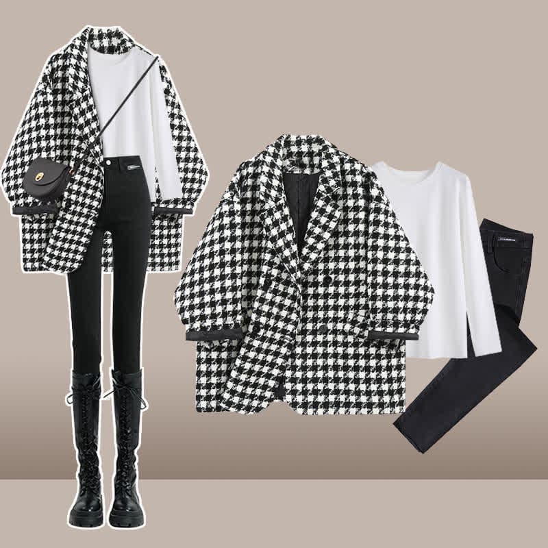 Chic Lattice Print Lapel Blazer T-Shirt Slim Denim Pants