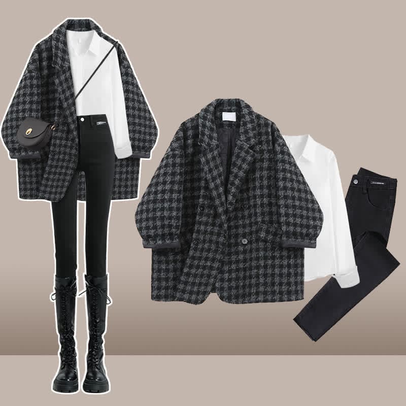 Chic Lattice Print Lapel Blazer T-Shirt Slim Denim Pants