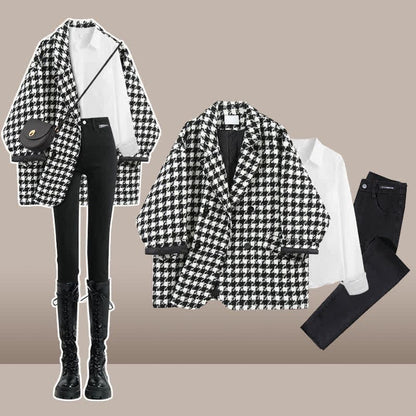 Chic Lattice Print Lapel Blazer T-Shirt Slim Denim Pants