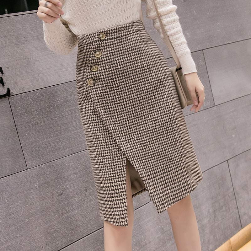 Chic Lattice Print Pocket Split Skirt