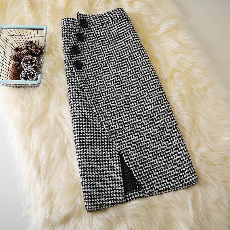 Chic Lattice Print Pocket Split Skirt - Black / S