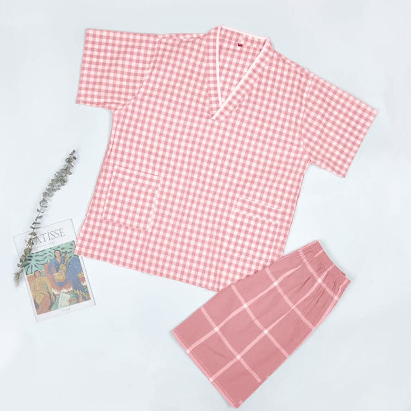 Chic Lattice Print T-Shirt Shorts Pajamas Set - Women B / XL