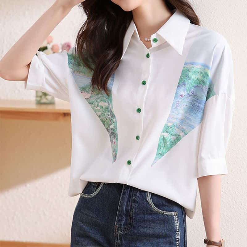 Chic Painting Print Chiffon Lapel Shirt