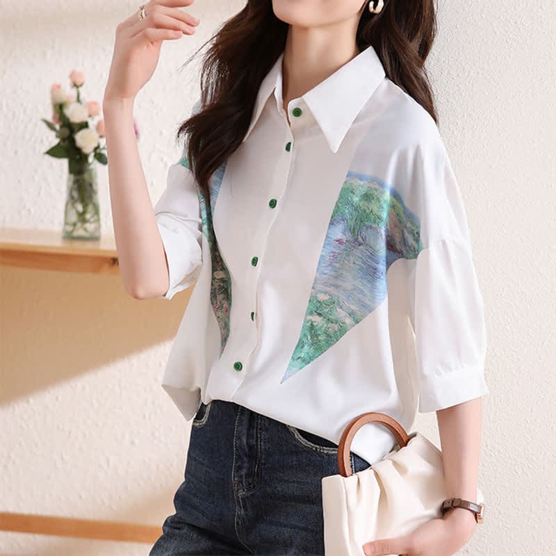 Chic Painting Print Chiffon Lapel Shirt