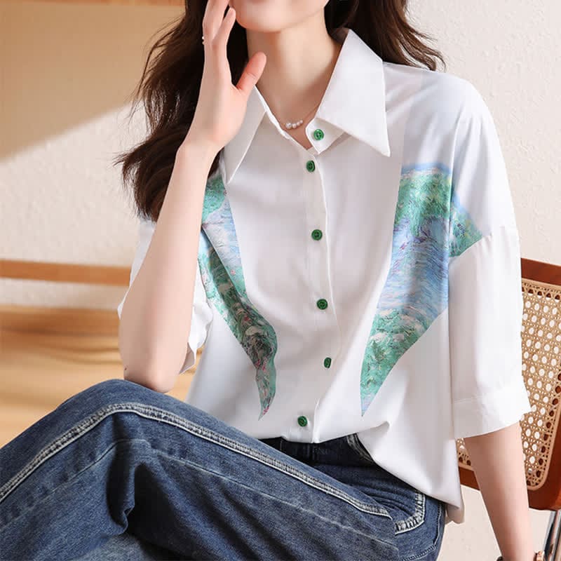 Chic Painting Print Chiffon Lapel Shirt