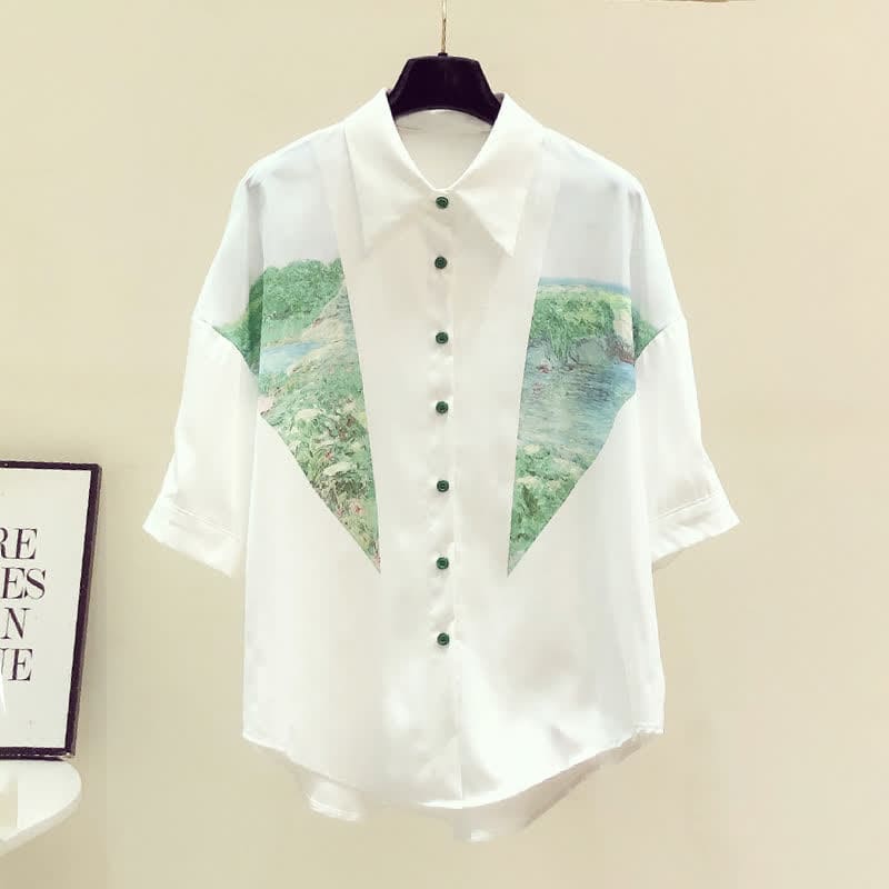 Chic Painting Print Chiffon Lapel Shirt - White / S