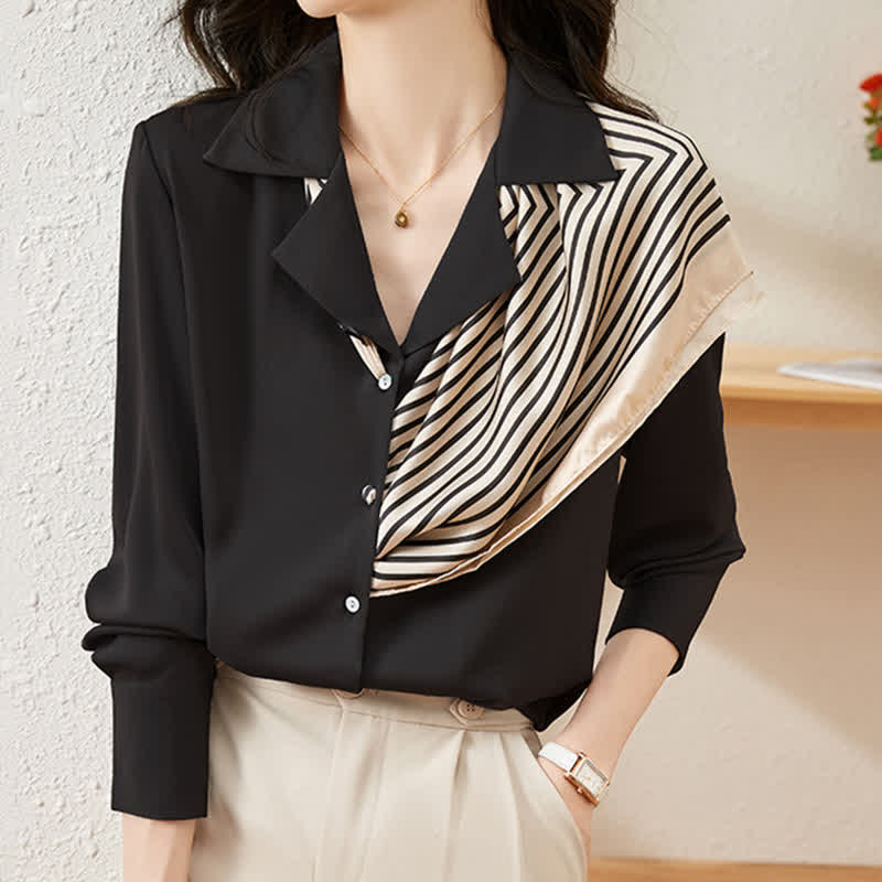 Chic Patchwork Long Sleeve Satin Shirt - Black / M