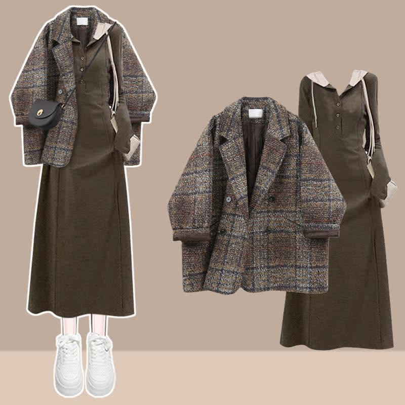 Chic Plaid Print Blazer Coat Hooded Midi Dress - Set / M