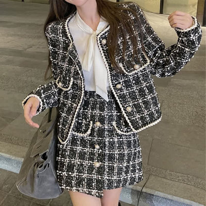 Chic Plaid Print Jacket Shirt High Waist Skirt Set