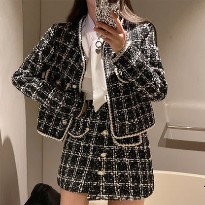 Chic Plaid Print Jacket Shirt High Waist Skirt Set