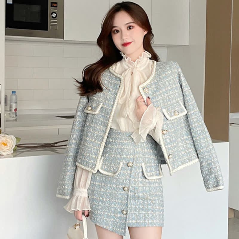 Chic Plaid Print Jacket Shirt High Waist Skirt Set