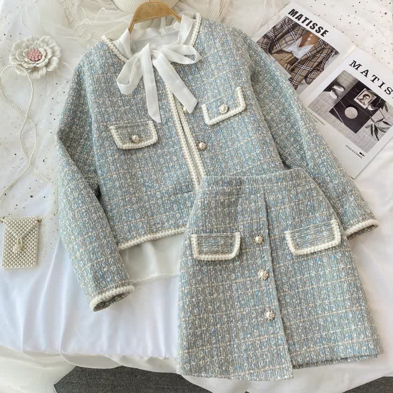 Chic Plaid Print Jacket Shirt High Waist Skirt Set - Blue