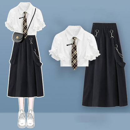 Chic Pocket Lapel Tie T-Shirt Suspender Skirt Set