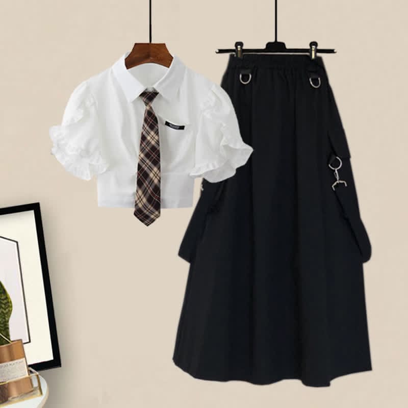 Chic Pocket Lapel Tie T-Shirt Suspender Skirt Set - Set / M