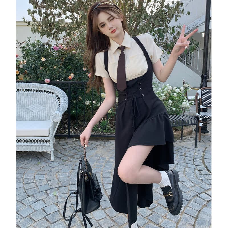 Chic Pocketed Tie Polo T-Shirt Irregular Lace Up Suspender