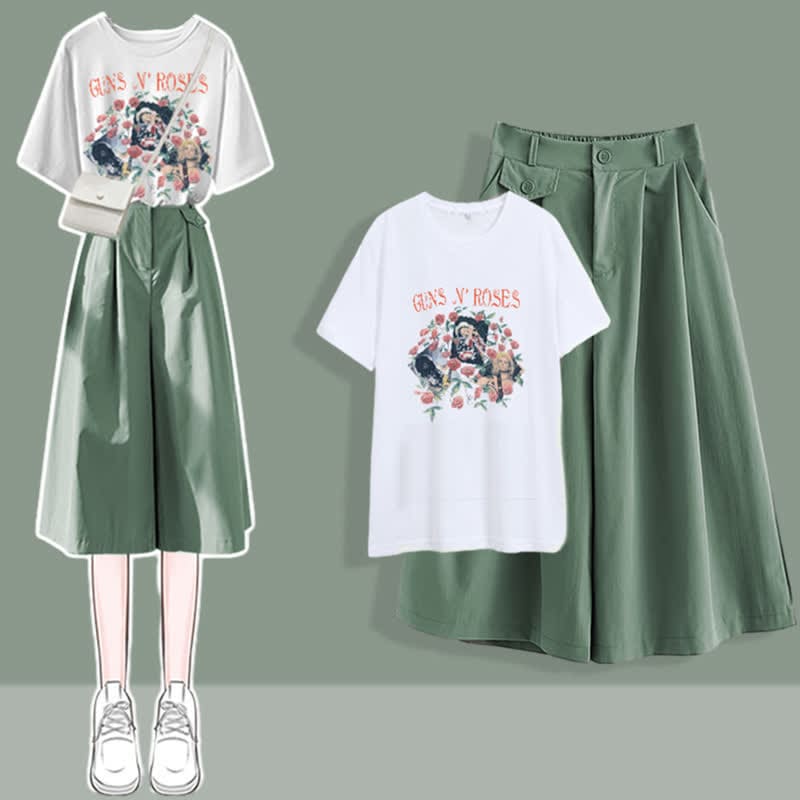 Chic Printed T-Shirt Casual Wide Leg Pants Set - Green A / M