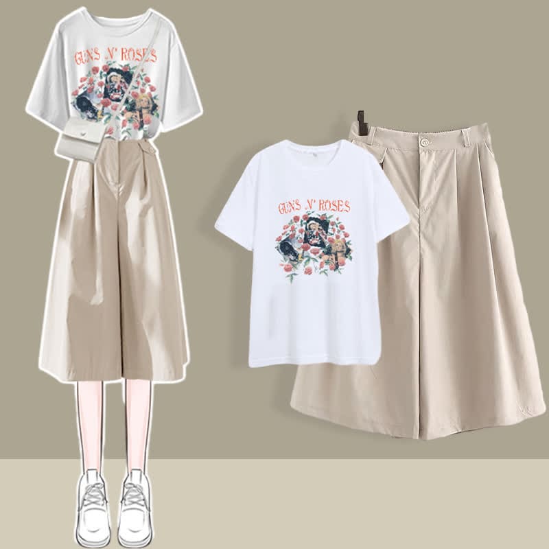 Chic Printed T-Shirt Casual Wide Leg Pants Set - Khaki A / M