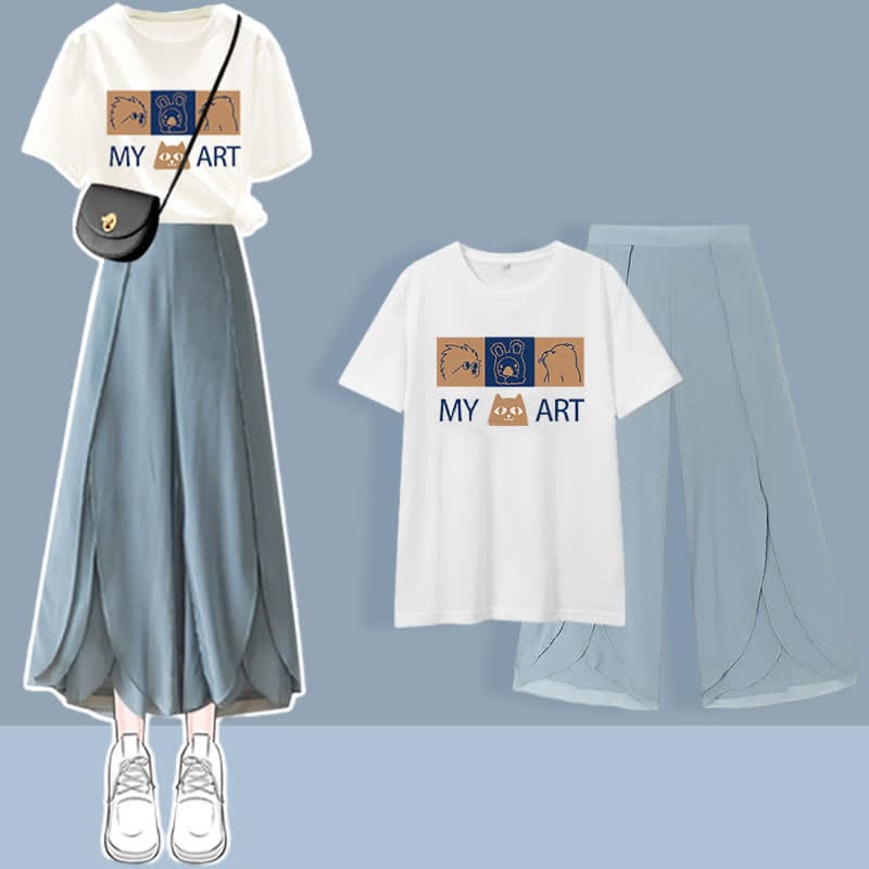 Chic Printed T-Shirt Chiffon Split Pants Set - Blue D / M