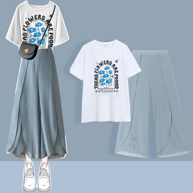 Chic Printed T-Shirt Chiffon Split Pants Set - Blue E / M