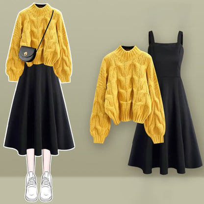 Chic Pure Color Cable Sweater Slip Dress Set - Yellow Set