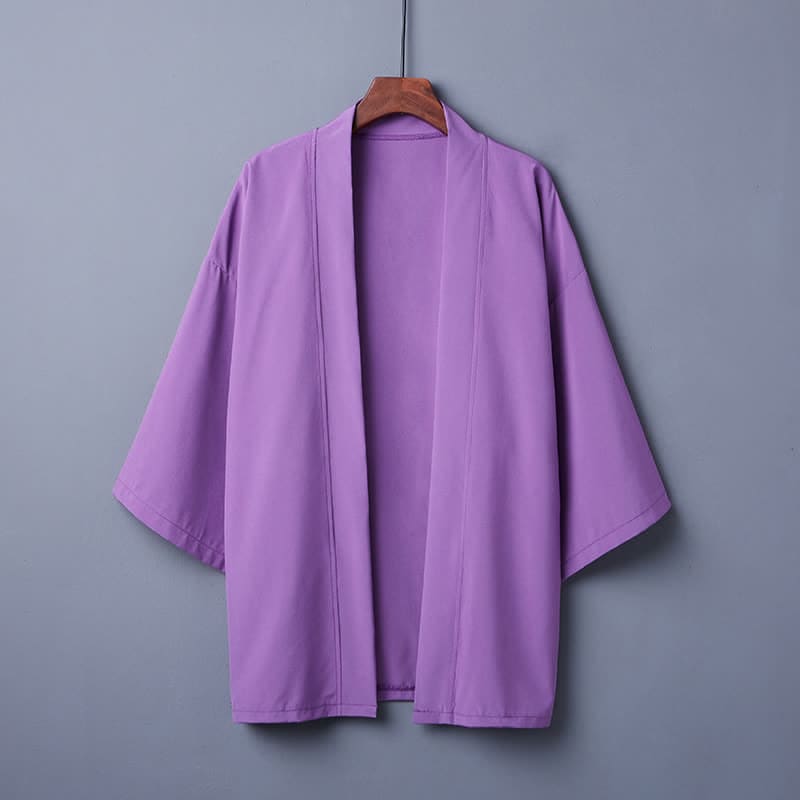 Chic Pure Color Casual Cardigan Kimono Outerwear - Purple