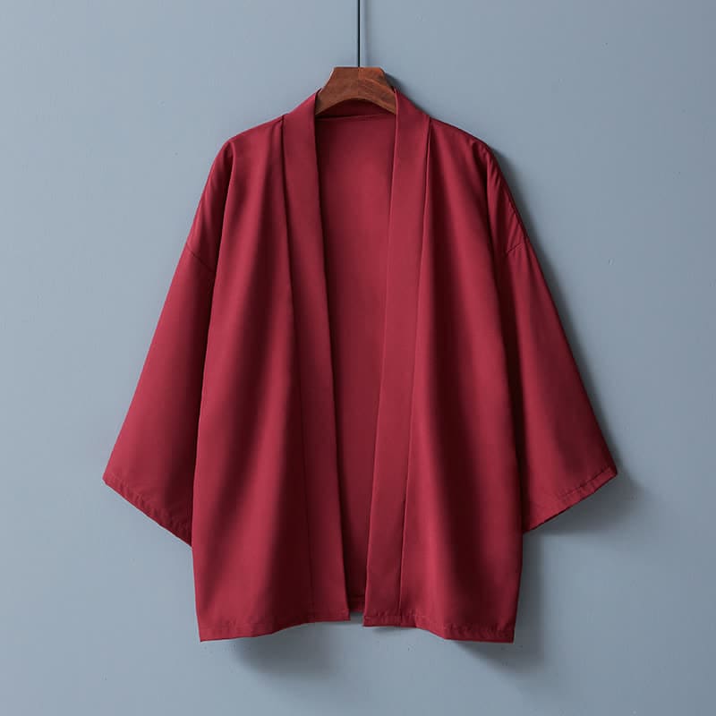 Chic Pure Color Casual Cardigan Kimono Outerwear - Wine Red