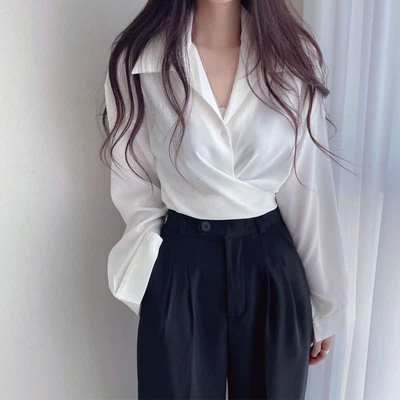 Chic Pure Color Lapel Crop Shirt