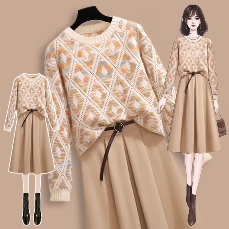 Chic Rhombus Print Sweater Belted Pleated Skirt