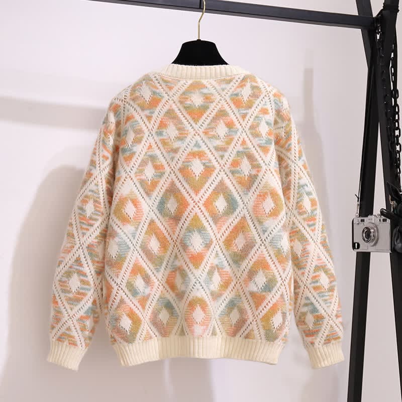 Chic Rhombus Print Sweater Belted Pleated Skirt