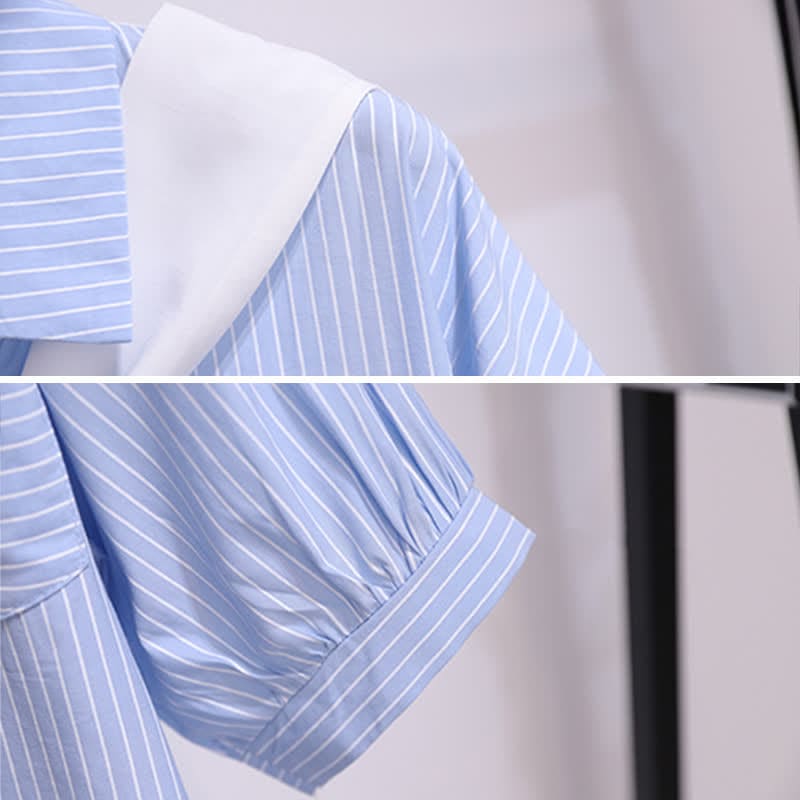 Chic Stripe Pocket Lapel T-Shirt Ripped Denim Shorts