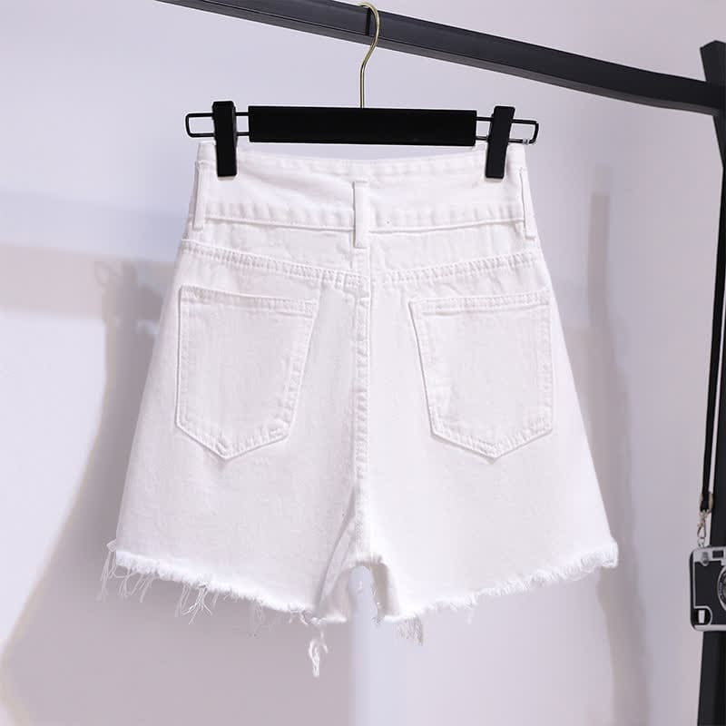 Chic Stripe Pocket Lapel T-Shirt Ripped Denim Shorts