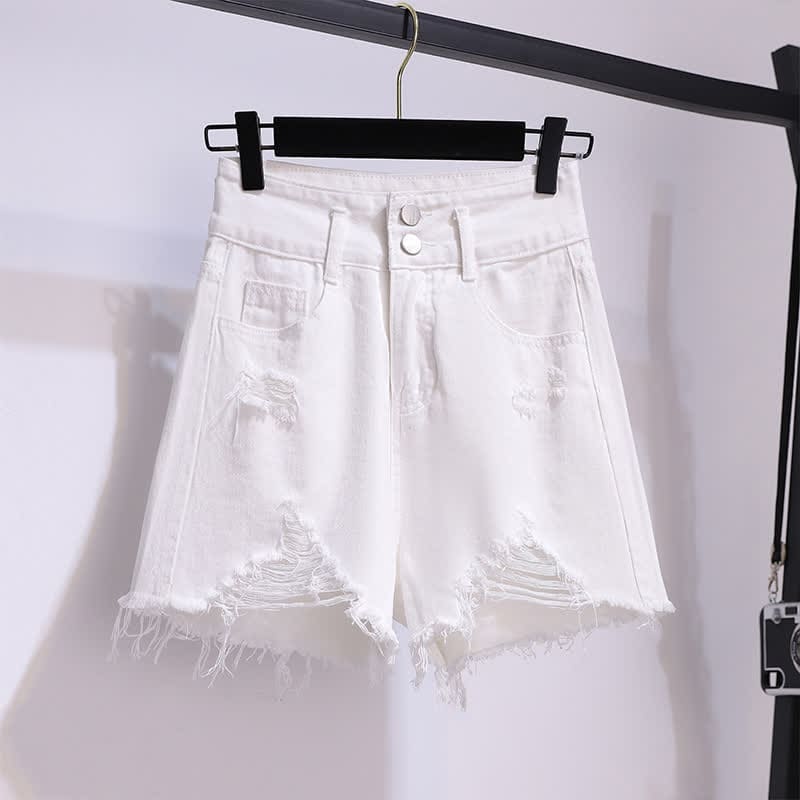 Chic Stripe Pocket Lapel T-Shirt Ripped Denim Shorts