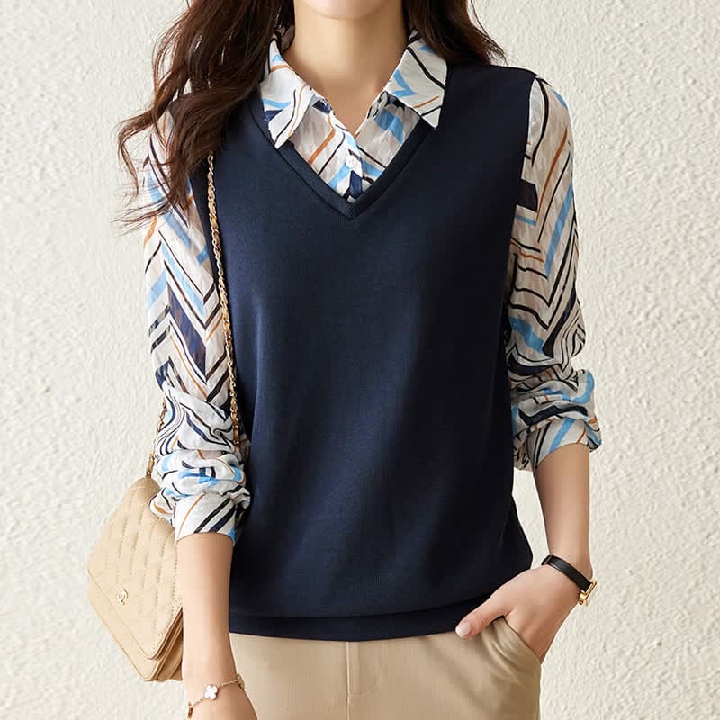 Chic Stripe Print Lapel Shirt - Dark Blue / M