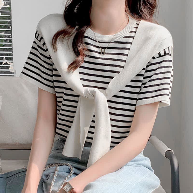 Chic Stripe Round Collar T-Shirt Denim Skirt