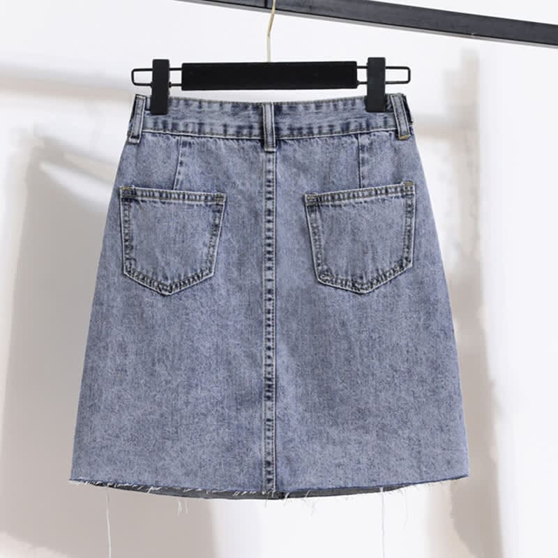 Chic Stripe Round Collar T-Shirt Denim Skirt