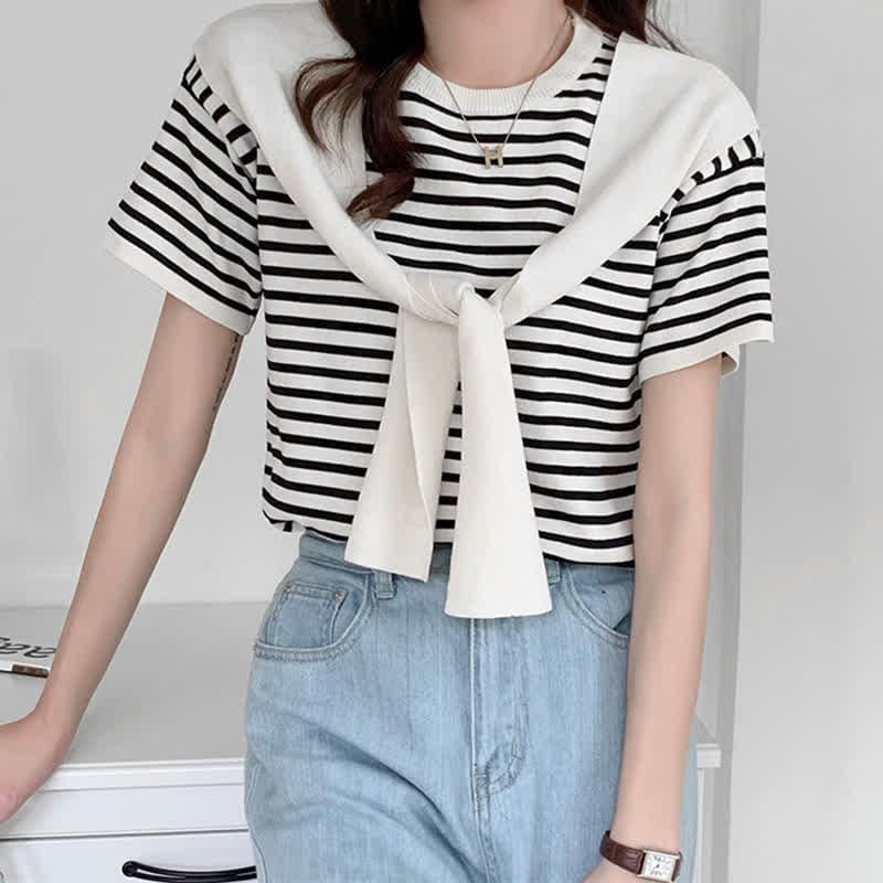 Chic Stripe Round Collar T-Shirt Denim Skirt