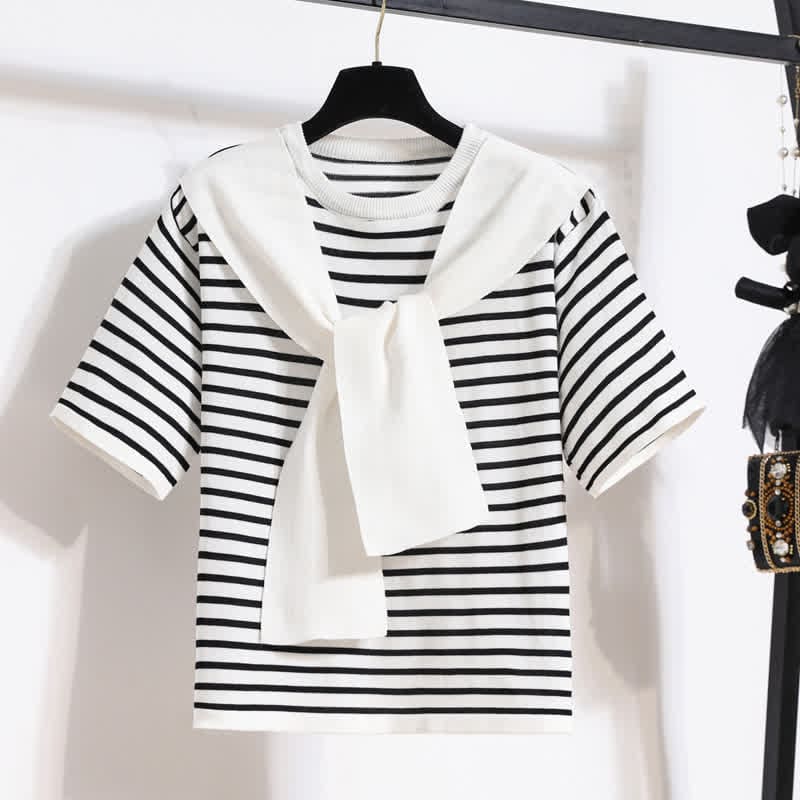 Chic Stripe Round Collar T-Shirt Denim Skirt - T-Shirt