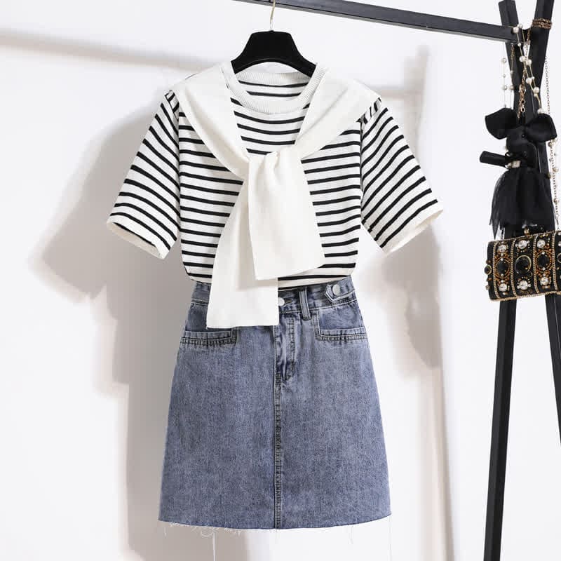 Chic Stripe Round Collar T-Shirt Denim Skirt - Set / M