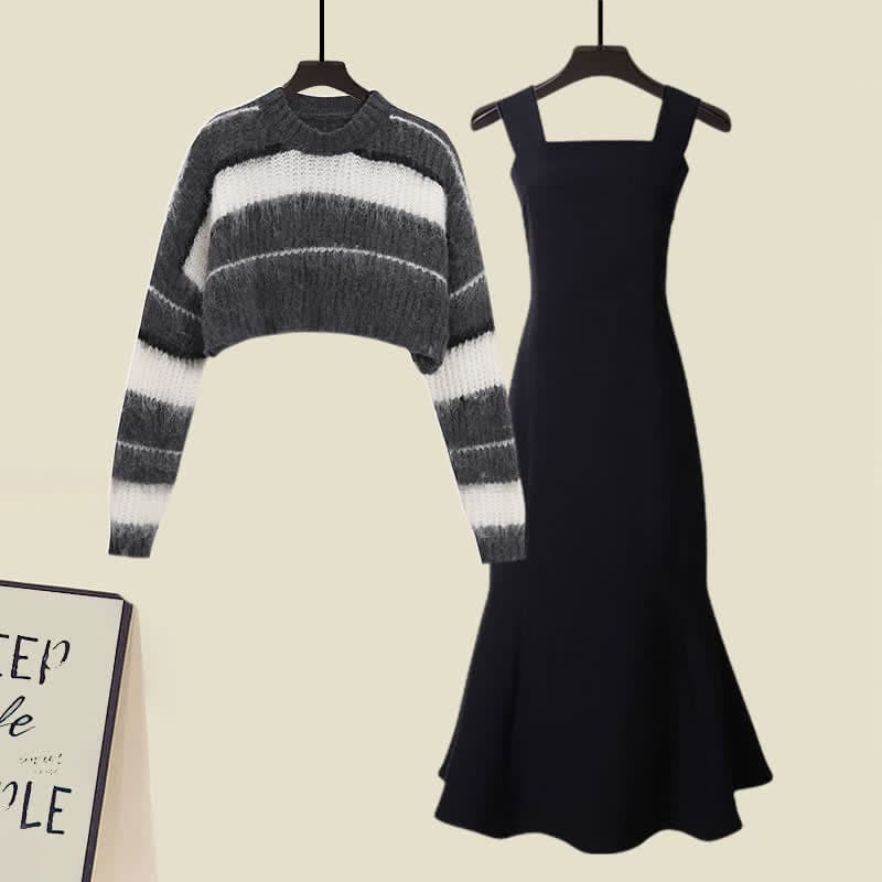 Chic Stripe Sweater Slip Dress Two Pieces