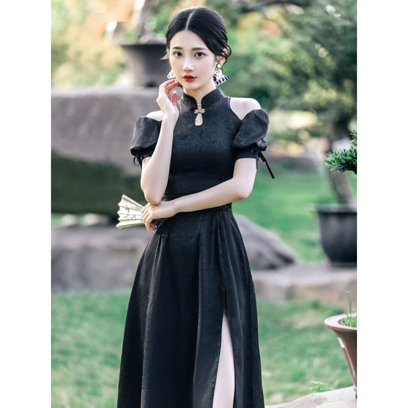 Chic Textured Puffy Sleeve Cheongsam - Female Hanfu