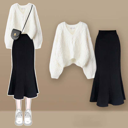 Chic V-neck Cross Knit Sweater Fishtail Skirt - White Set