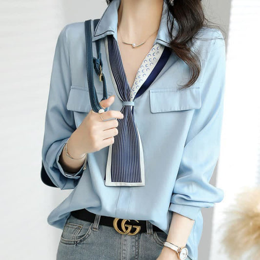 Chic V-neck with Tie Shirt - Blue / M