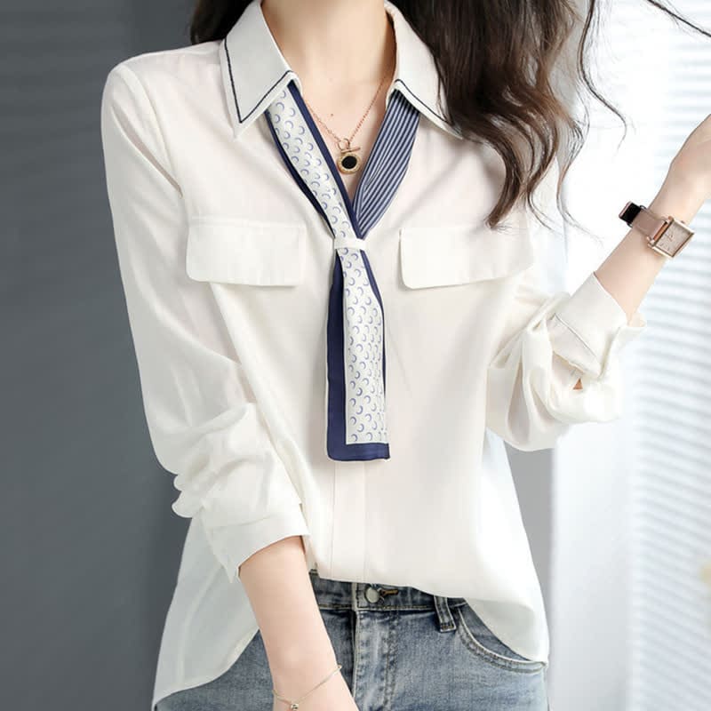 Chic V-neck with Tie Shirt - White / M